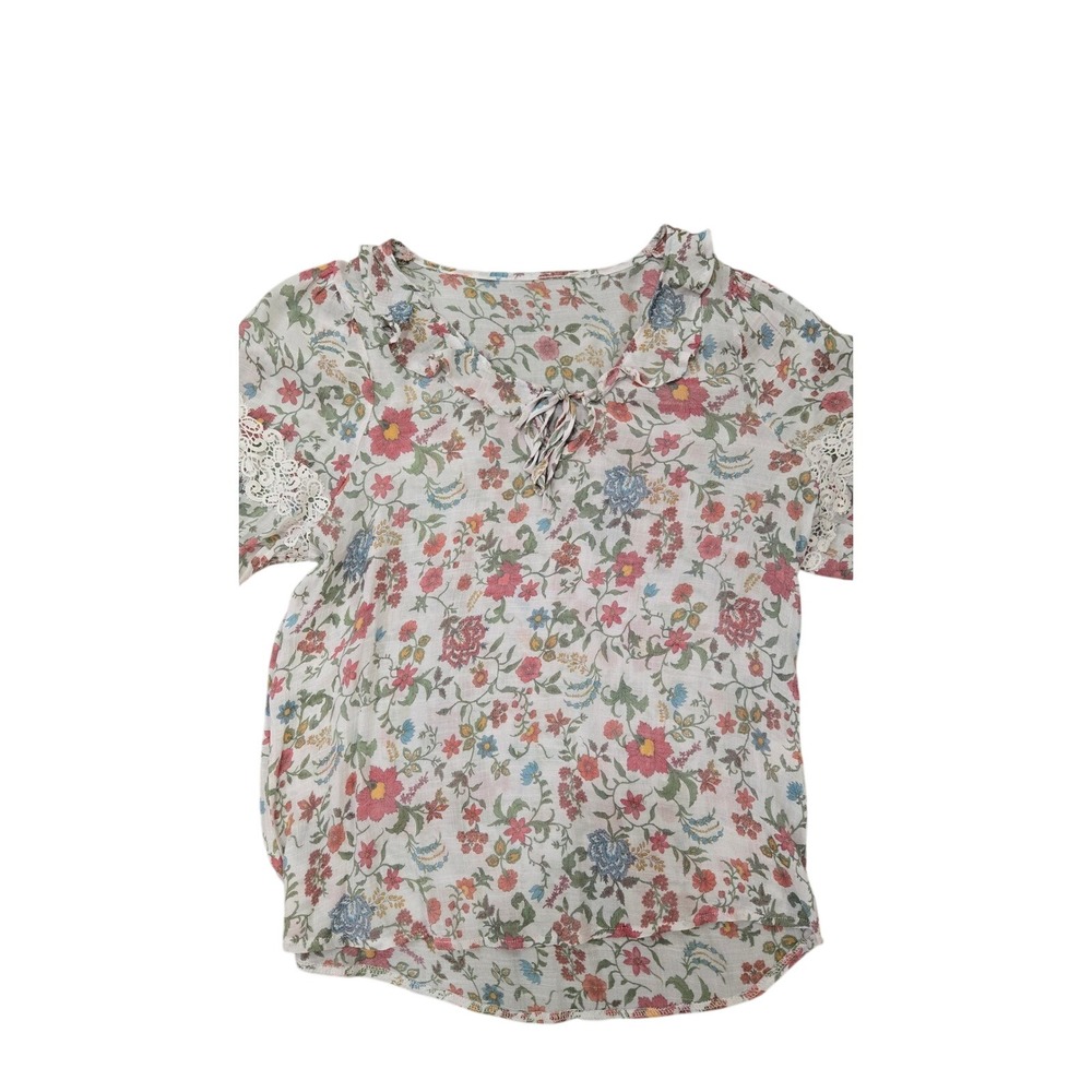 Floral Ruffle Neck Blouse with Crochet Lace Trim Short Sleeve Cottagecore Top M